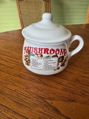 Mushroom Ceramic Covered Sugar Jar - White with Red Lettering